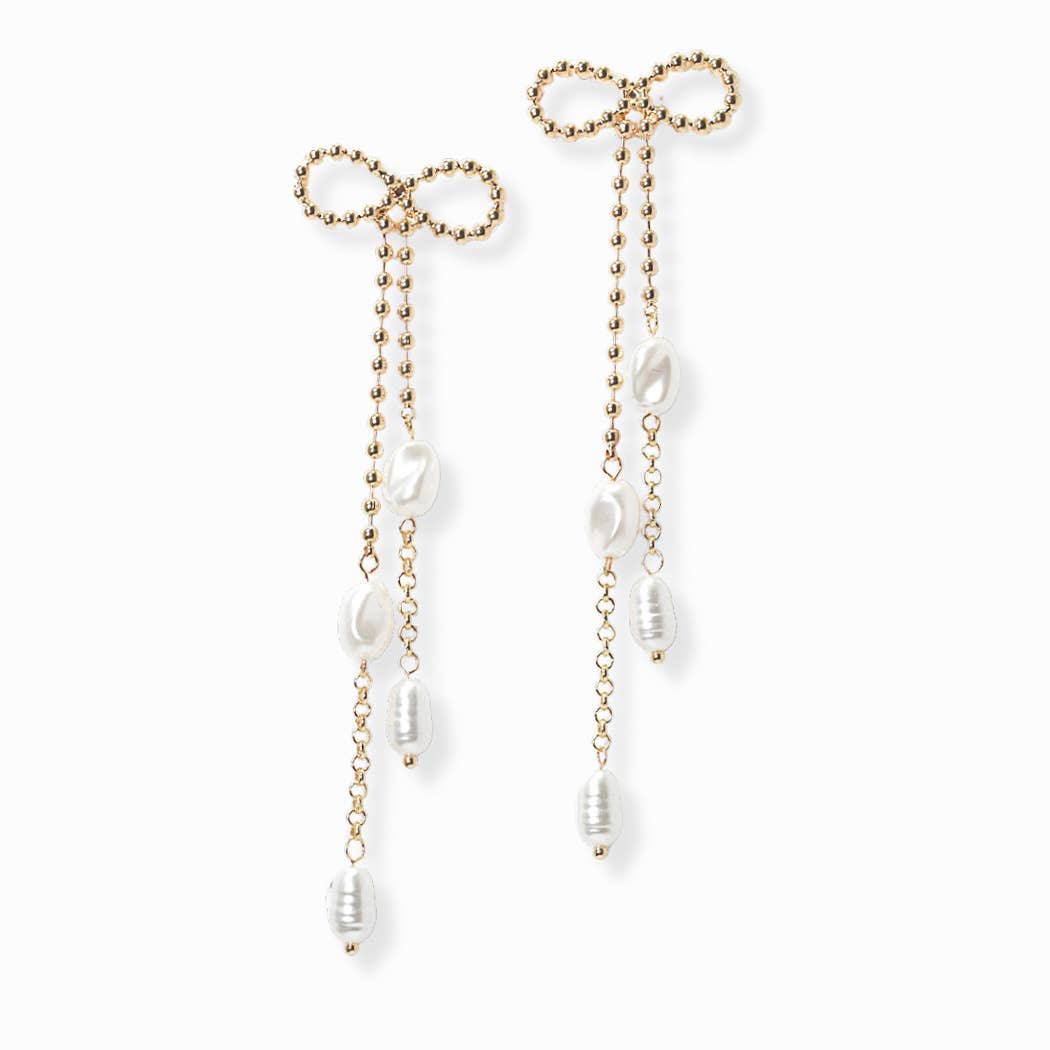 SOPHIA WHOLESALE - Ribbon Bow with Freshwater Pearl Drop Dangle Earring: Gold / ONE SIZE