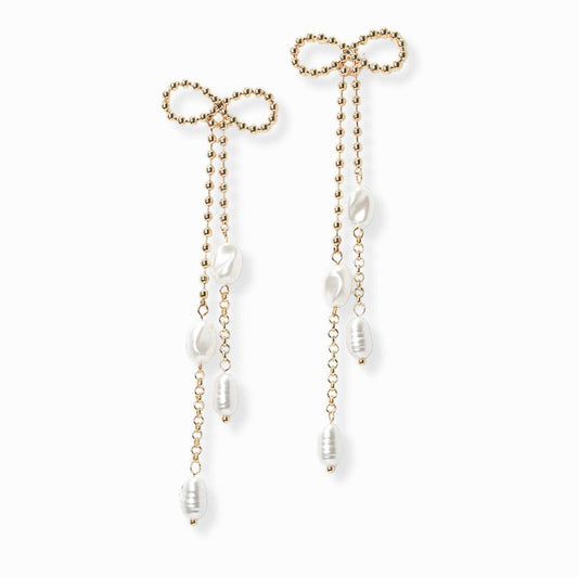 SOPHIA WHOLESALE - Ribbon Bow with Freshwater Pearl Drop Dangle Earring: Gold / ONE SIZE